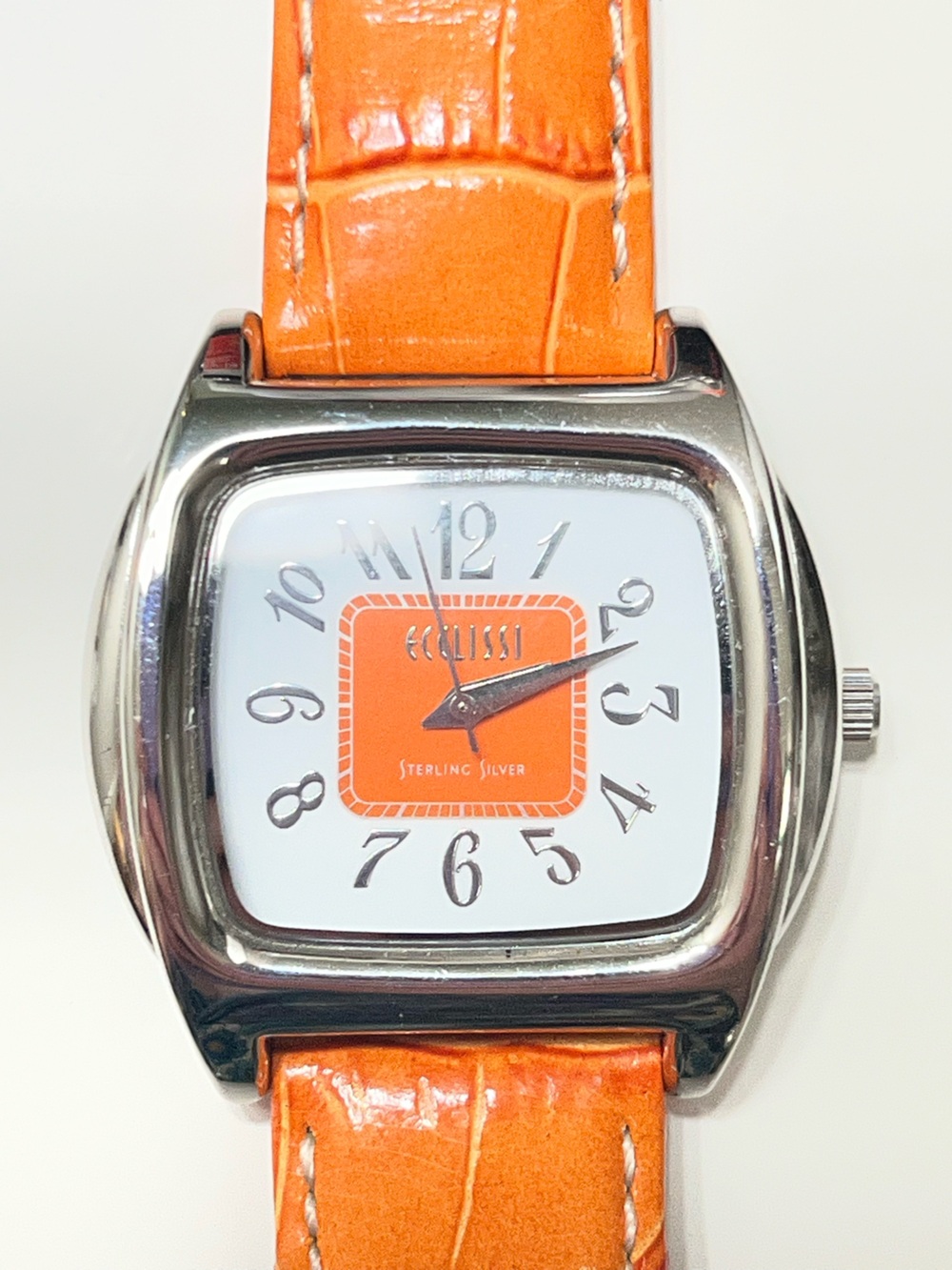 ECCLISSI STERLING SILVER QUARTZ Watch W/ORIGINAL ORANGE BAND 22885- New Battery